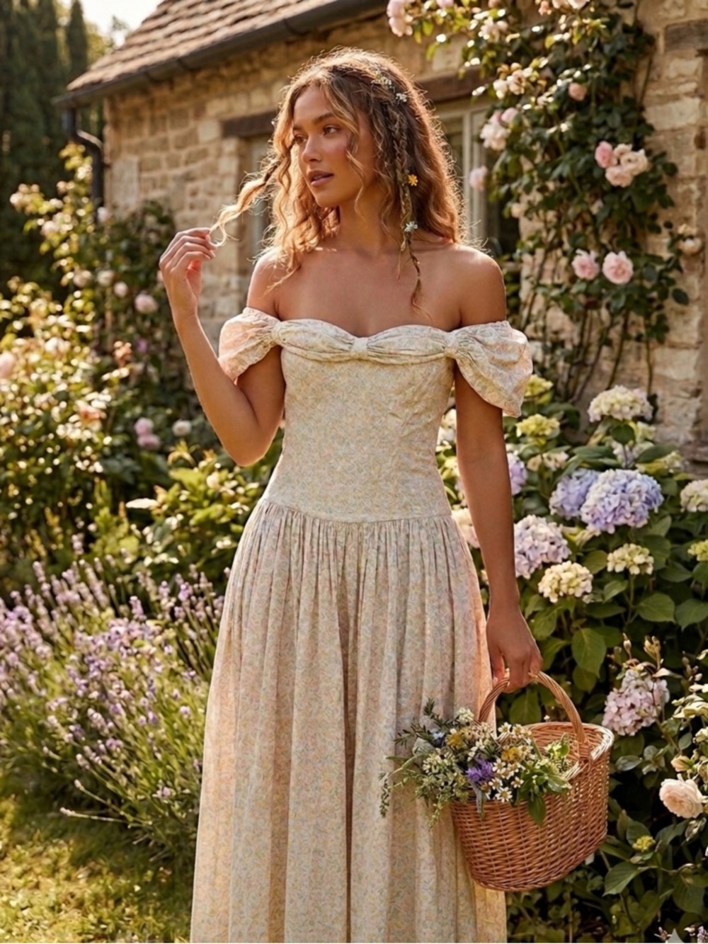 Vintage CottageCore Romantic Feminine Dainty Floral Drop Waist Maxi Dress (8-10)